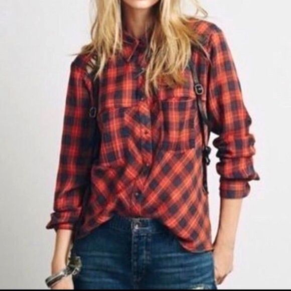 Free People Tops - FP Free People Boho L/S plaid Top Gauzy Tunic Snaps Red Blue Relaxed Sz S EUC